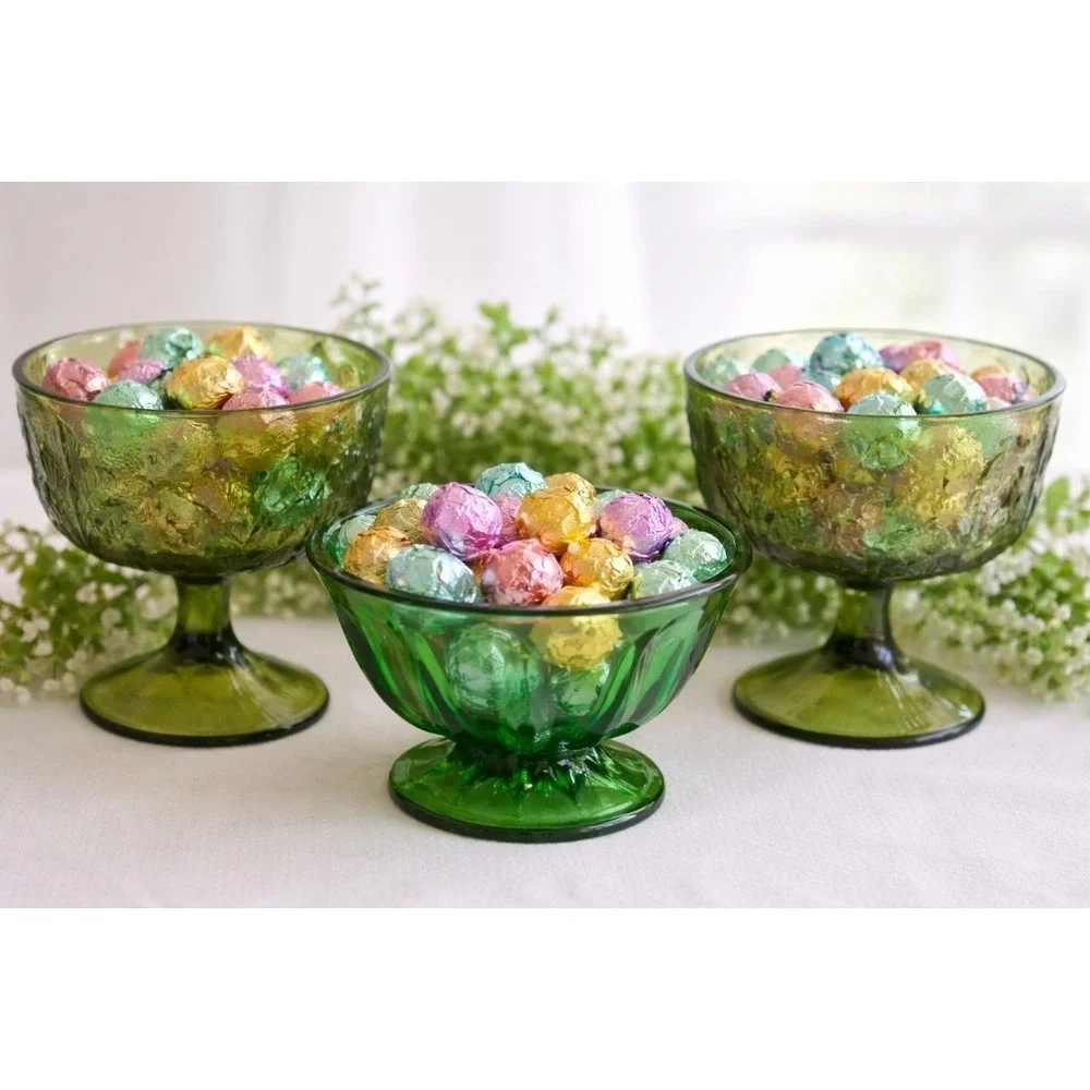FTD 1978 Avocado Green Glass Dessert Cups & Serving Bowl Retro‎ Set Lot of 3